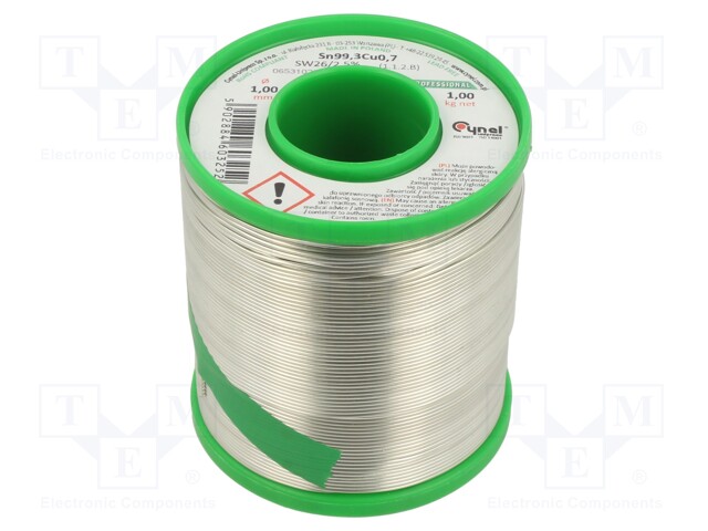 Soldering wire; Sn99,3Cu0,7; 1mm; 1000g; lead free; Package: reel