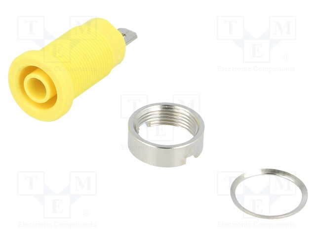 Socket; 4mm banana; 24A; yellow; nickel plated; screw,on panel