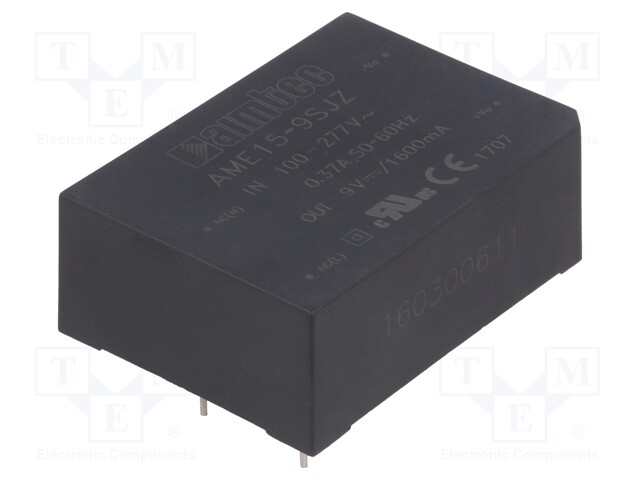 Converter: AC/DC; 15W; Uout: 9VDC; Iout: 1.6A; 79%; Mounting: PCB