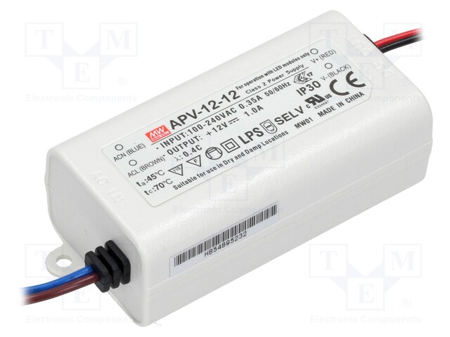 Power supply: switched-mode; LED; 12W; 12VDC; 1A; 90÷264VAC; IP42