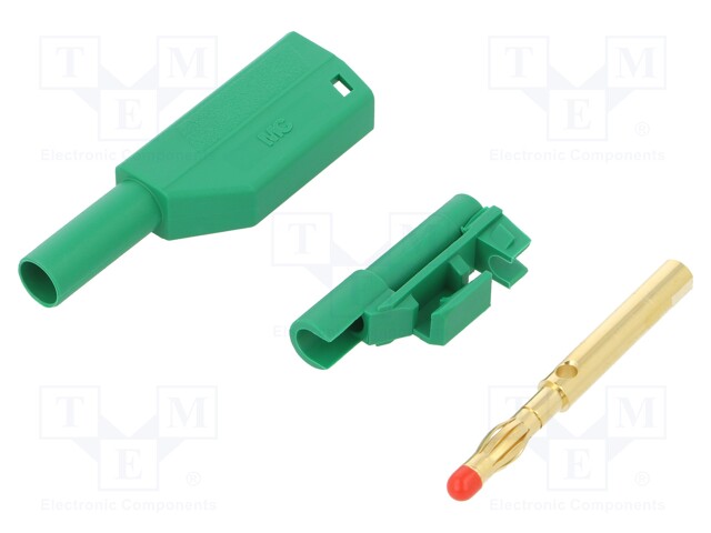 Plug; 4mm banana; 32A; 1kV; green; with 4mm axial socket; 2.5mm2