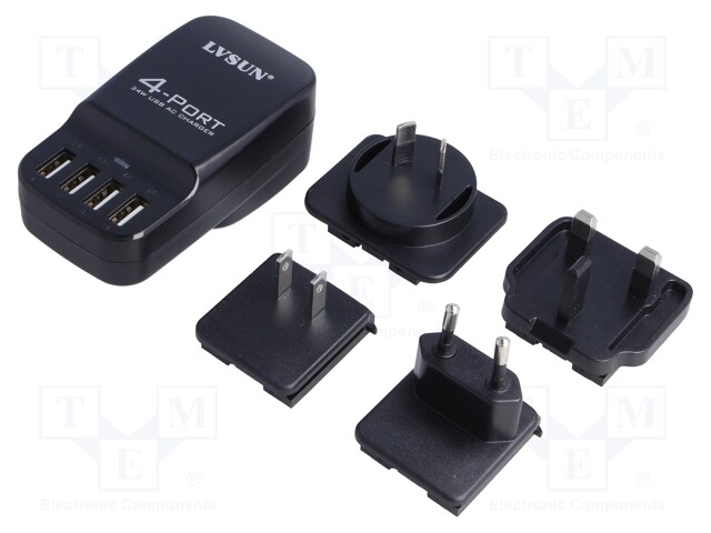 Charger: USB; Usup: 100÷240VAC; Out: USB; 40.5x50.5x96mm; Plug: EU