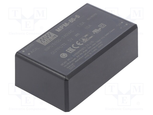 Power supply: switched-mode; modular; 50W; 5VDC; 87x52x29.5mm; 10A