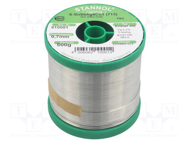 Soldering wire; Sn95Ag4Cu1; 700um; 0.5kg; lead free; Package: reel