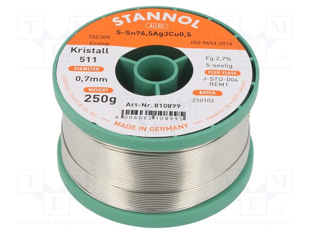 Soldering wire; Sn96Ag3Cu1; 0.7mm; 0.25kg; lead free; 217÷220°C