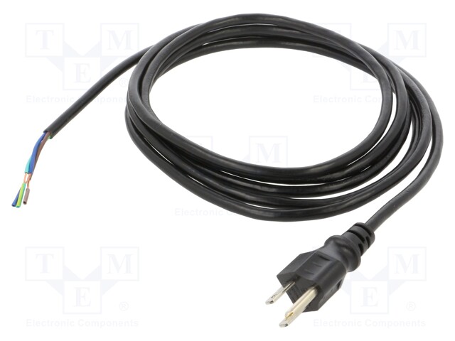 Cable; NEMA 5-15 (B) plug,wires; PVC; 3m; black; 3x18AWG; 10A; 125V