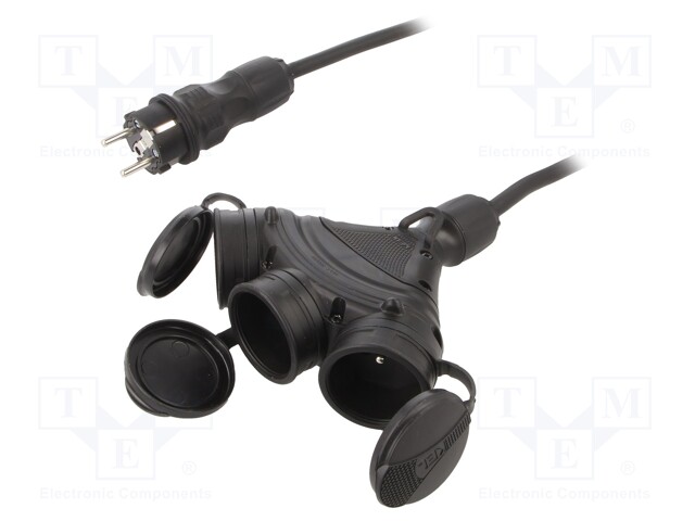 Extension lead; Sockets: 3; rubber; black; 3x1,5mm2; 5m; 16A