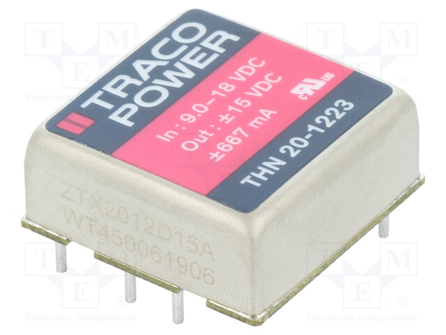 Converter: DC/DC; 20W; Uin: 9÷18V; Uout: 15VDC; Uout2: -15VDC; 1"x1"