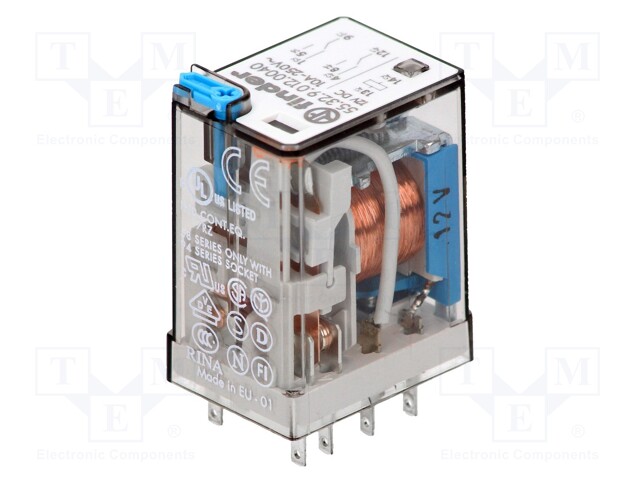 Relay: electromagnetic; DPDT; Ucoil: 12VDC; 10A/250VAC; 10A/30VDC