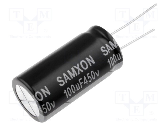 Capacitor: electrolytic; THT; 100uF; 450VDC; Ø18x35mm; Pitch: 7.5mm