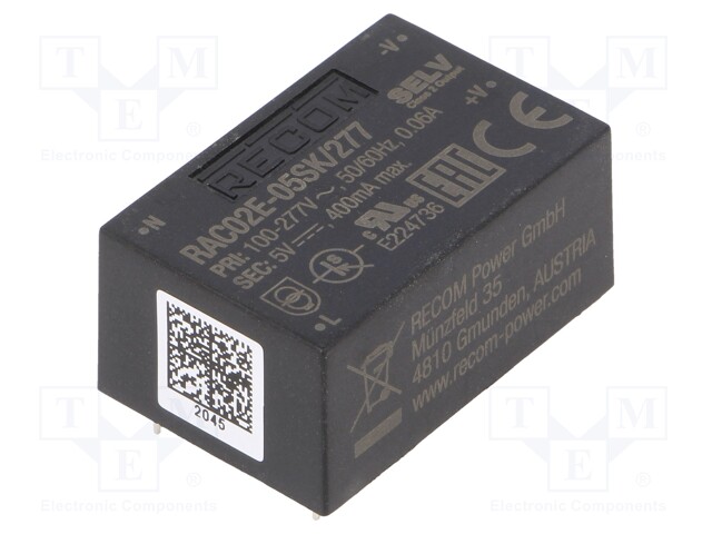 Converter: AC/DC; 2W; Uout: 5VDC; Iout: 400mA; 72%; Mounting: PCB