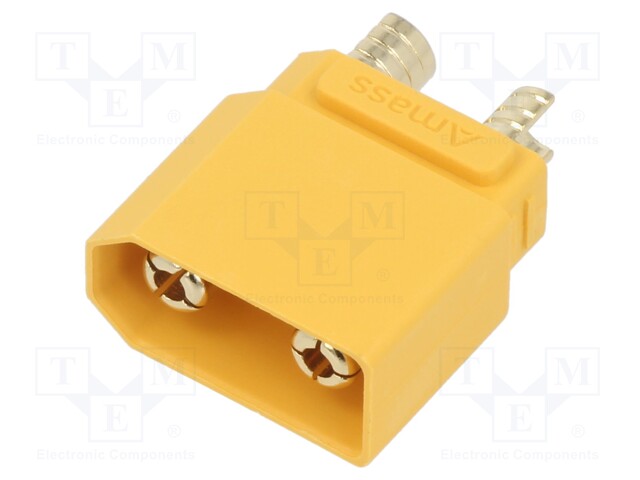 Socket; DC supply; XT90; male; PIN: 2; on PCBs; THT; yellow; 40A; 500V