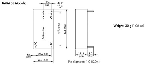 Converter: AC/DC; 5W; Uout: 15VDC; Iout: 333mA; 75%; Mounting: PCB