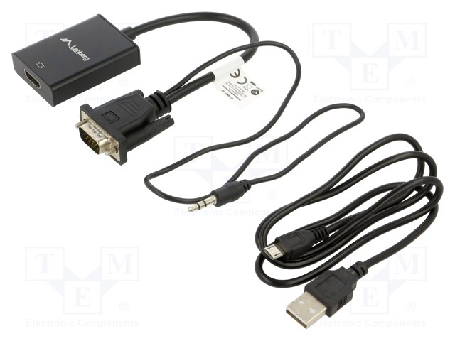 Adapter; HDMI socket,Jack 3.5mm plug,VGA male; 0.2m; black