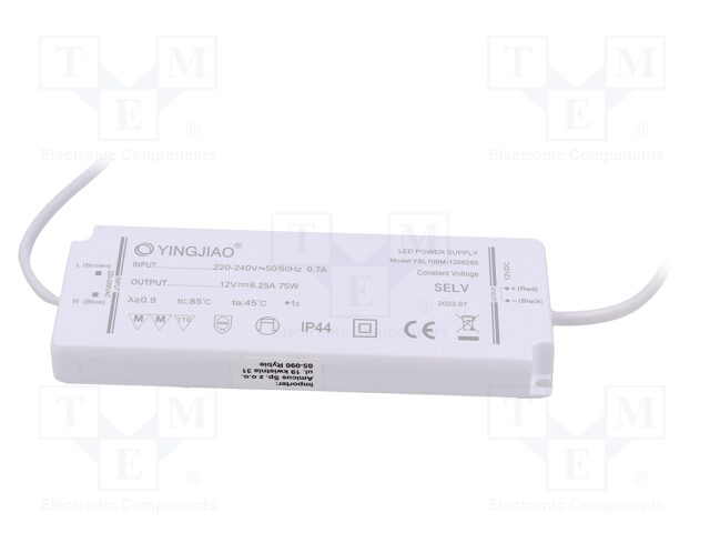 Power supply: switched-mode; LED; 75W; 12VDC; 6.25A; 220÷240VAC