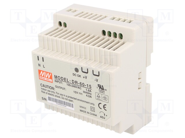 Power supply: switched-mode; 60W; 15VDC; 13.5÷16.5VDC; 4A; 300g