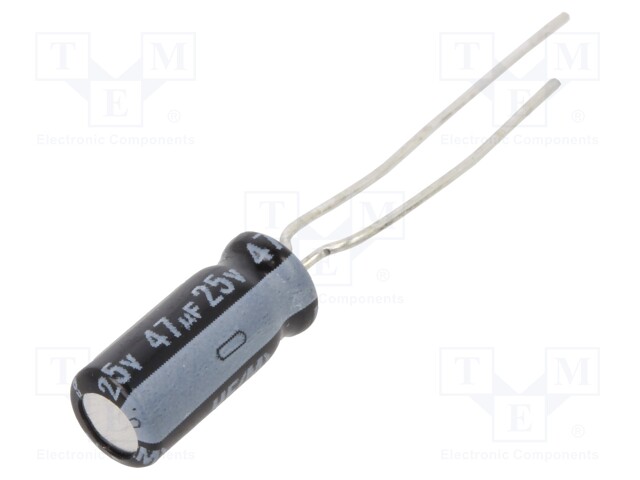 Capacitor: electrolytic; THT; 47uF; 25VDC; Ø5x11mm; Pitch: 2mm; ±20%