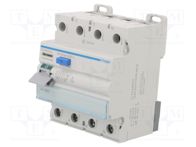 RCD breaker; Inom: 25A; Ires: 30mA; Max surge current: 250A; DIN