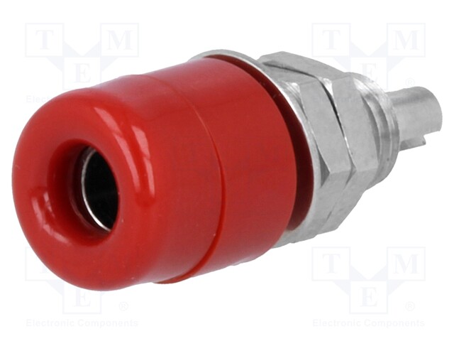 Socket; 4mm banana; 32A; 60VDC; red; nickel plated; screw,on panel