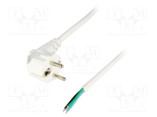 Cable; CEE 7/7 (E/F) plug angled,wires; 3m; white; PVC; 3x1,5mm2