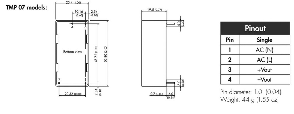 Converter: AC/DC; 7W; Uout: 5VDC; Iout: 1.4A; 73%; Mounting: PCB; 44g