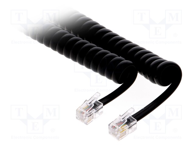 Cable: telephone; coiled,interlaced; RJ9 plug,both sides; black