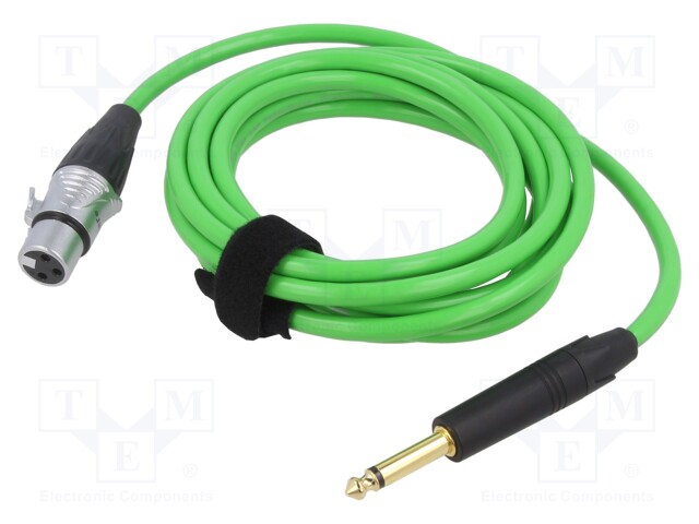 Cable; Jack 6,3mm 2pin plug,XLR female 3pin; 3m; green; 0.25mm2