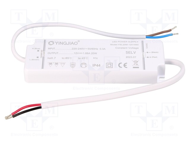 Power supply: switched-mode; LED; 20W; 12VDC; 1.67A; 220÷240VAC