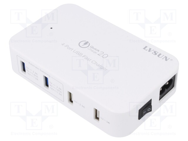 Charger: USB; Usup: 100÷240VAC; Out: USB; Plug: EU; 5/9/12V; 3A; 15W