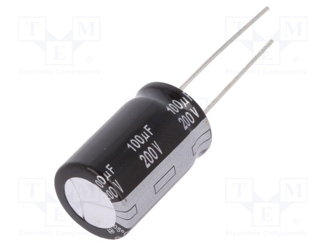 Capacitor: electrolytic; THT; 100uF; 200VDC; Ø16x25mm; Pitch: 7.5mm