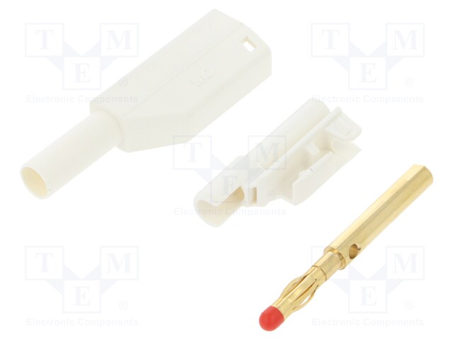 Plug; 4mm banana; 32A; 1kV; white; with 4mm axial socket; 2.5mm2