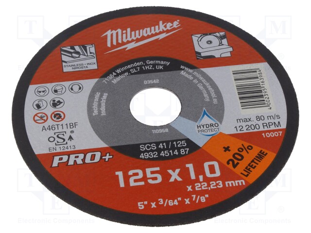 Cutting wheel; Ø: 125mm; Øhole: 22.2mm; Disc thick: 1mm; steel