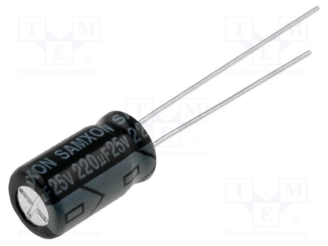 Capacitor: electrolytic; THT; 220uF; 25VDC; Ø6.3x11mm; Pitch: 2.5mm