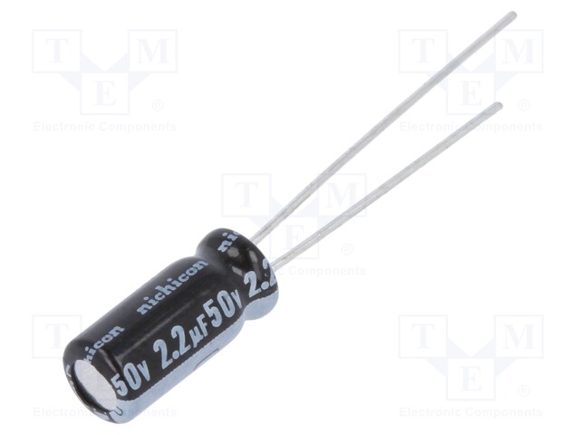 Capacitor: electrolytic; THT; 2.2uF; 50VDC; Ø5x11mm; Pitch: 2mm