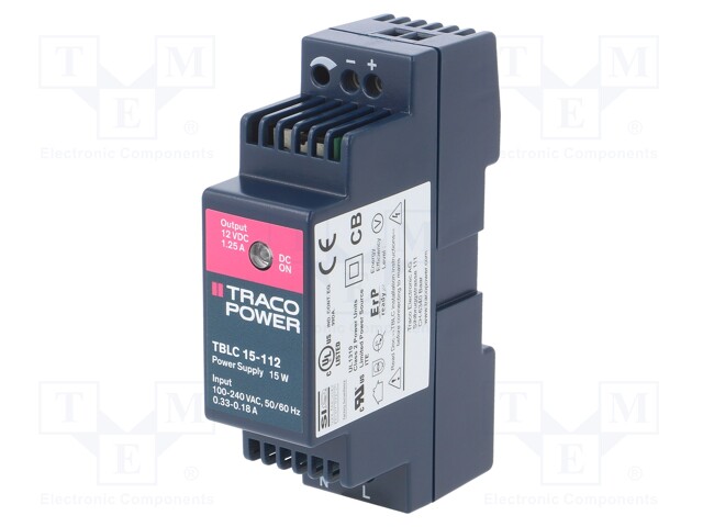 Power supply: switched-mode; 15W; 12VDC; 12÷16VDC; 1.25A; 80g; 85%