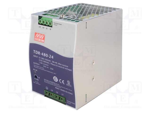 Power supply: switched-mode; 480W; 24VDC; 20A; 480÷780VDC; 1.51kg