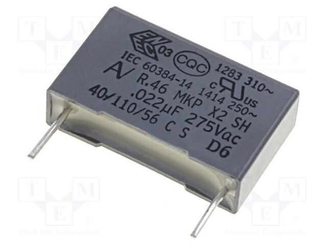 Capacitor: polypropylene; X2; 22nF; 15mm; ±10%; 18x5x11mm; 275VAC