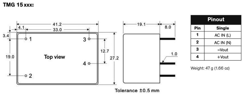 Converter: AC/DC; 15W; Uout: 15VDC; Iout: 1000mA; 84%; Mounting: PCB