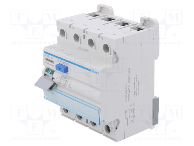 RCD breaker; Inom: 40A; Ires: 100mA; Max surge current: 250A; DIN