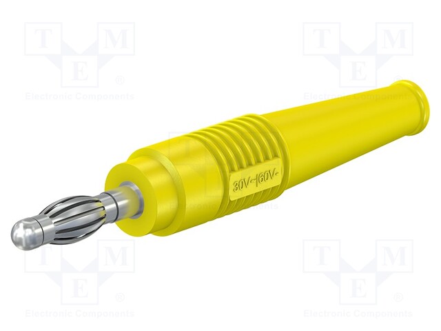 Plug; 4mm banana; 32A; 30VAC; 60VDC; yellow; non-insulated; 2.5mm2