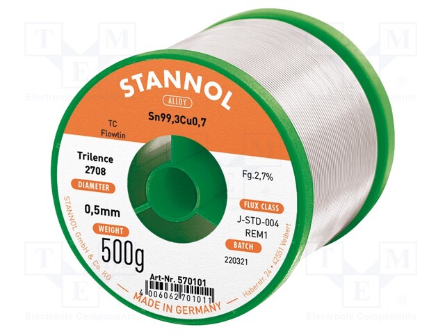 Soldering wire; Sn99,3Cu0,7; 0.5mm; 500g; lead free; Package: reel