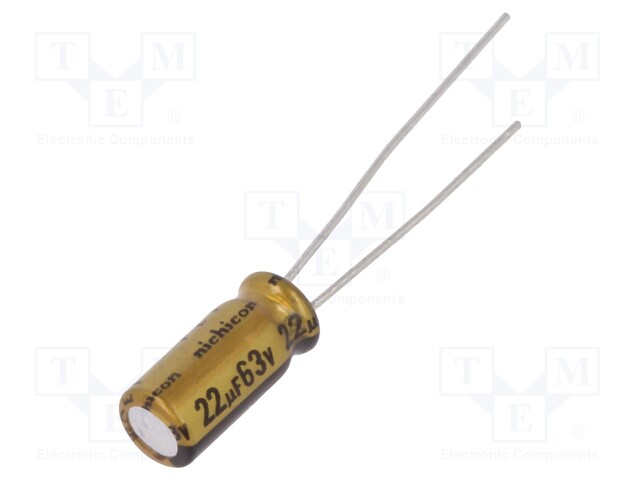 Capacitor: electrolytic; THT; 22uF; 63VDC; Ø5x11mm; Pitch: 2mm; ±20%