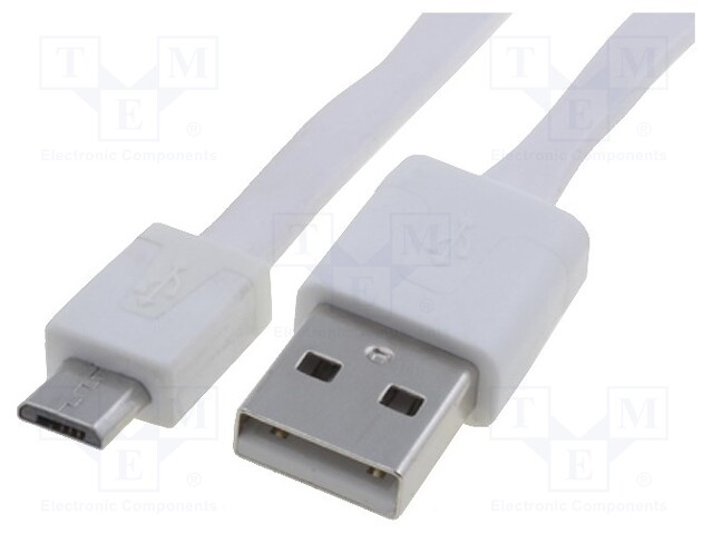 Cable; USB 2.0,flat; USB A plug,USB B micro plug; 1m; white