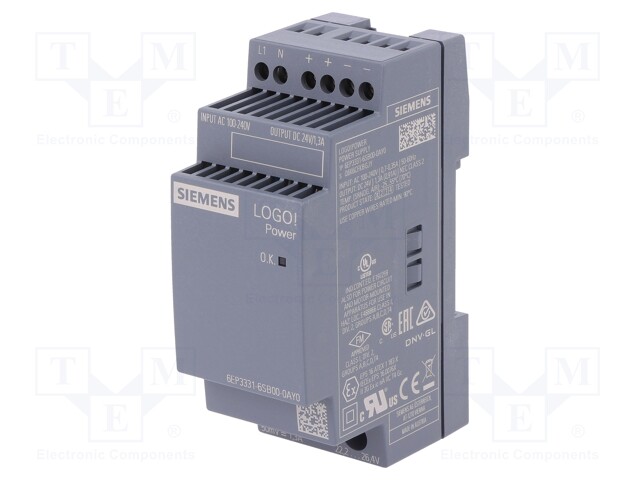 Power supply: switched-mode; 31.2W; 24VDC; 1.3A; 85÷264VAC; IP20