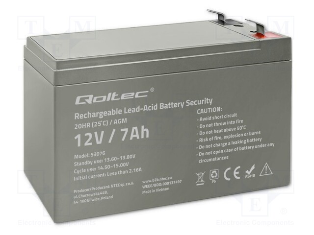 Re-battery: acid-lead; 12V; 7Ah; AGM; maintenance-free