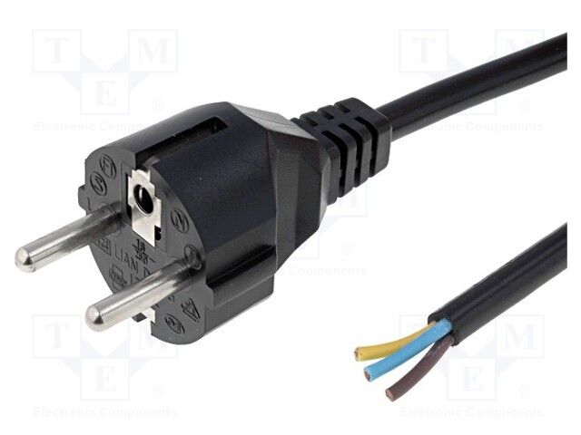 Cable; CEE 7/7 (E/F) plug,wires; 1.8m; black; PVC; 3x0,75mm2; 10A