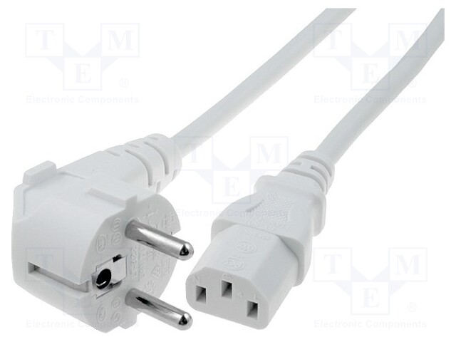 Cable; CEE 7/7 (E/F) plug angled,IEC C13 female; 1m; white; PVC