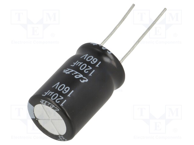 Capacitor: electrolytic; THT; 120uF; 160VDC; Ø16x25mm; Pitch: 7.5mm