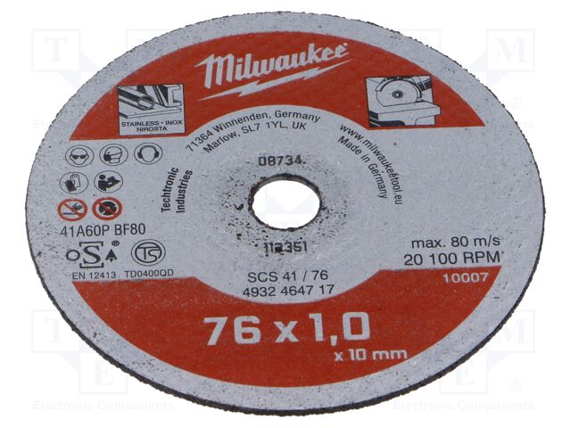 Cutting wheel; Ø: 76mm; Øhole: 10mm; metal,stainless steel; 5pcs.