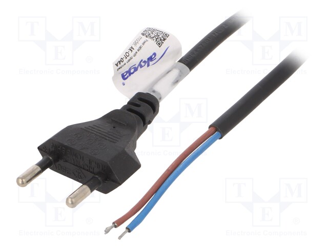 Cable; CEE 7/16 (C) plug,wires; 1.5m; flat; black; PVC; 2x0,5mm2